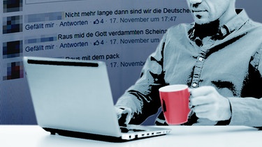 Illustration: Mann am Computer, im Hintergrund Facebookseite mit rechtsextremen Kommentaren | Bild: colourbox.com; Montage: BR