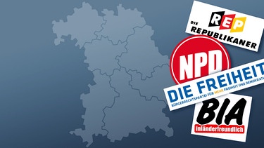 Illu: Deutschlandkarte und Logos der Parteien | Bild: Logos: NPD, Die Freiheit; BIA; Montage: BR