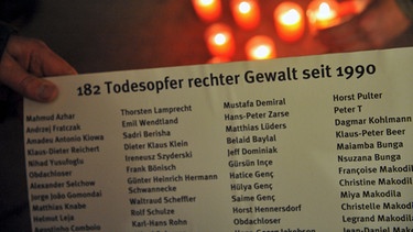 Namensliste: Zwickauer Bürger gedenken bei einer Mahnwache am 21. November 2011 in Zwickau den Opfern rechter Gewalt | Bild: picture-alliance/dpa