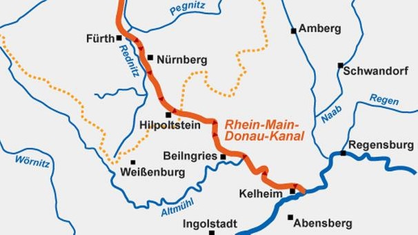 Kartenausschnitt: Verlauf des Rhein-Main-Donau-Kanals | Bild: BR