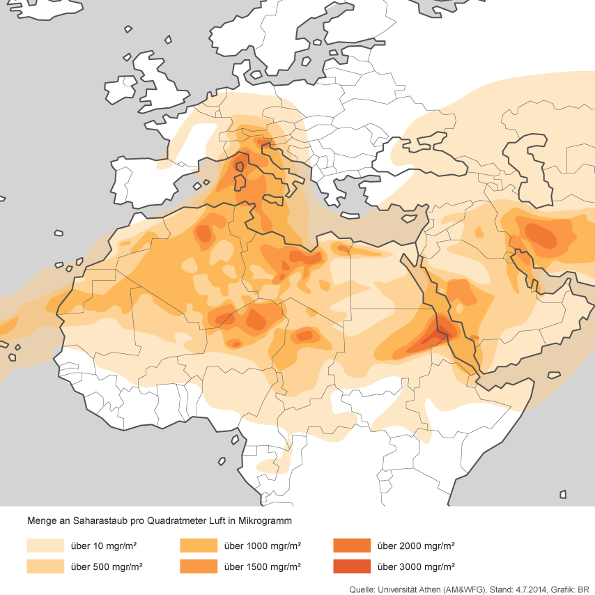 Karte von Nordafrika, Vorderasien und Europa mit Einfärbungen je nach Menge von Saharastaub in der Luft. | Bild: Quelle: Universität Athen, Grafik: BR