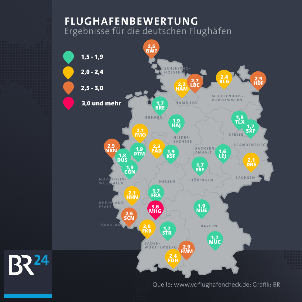 Karte: Bewertungsübersicht für die deutschen Flughäfen | Bild: BR