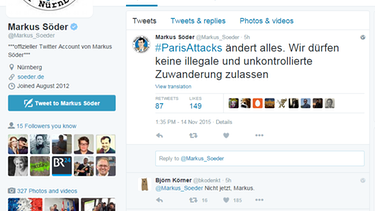Finanzminsister Söder hat mit einem Tweet heftige Reaktionen ausgelöst  | Bild: Screenshot Twitter