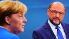  Screenshot des TV-Duellls zwischen der Bundeskanzlerin und CDU-Vorsitzenden Angela Merkel und dem SPD-Kanzlerkandidaten und SPD-Vorsitzenden Martin Schulz am 03.09.2017 in Berlin.  | Bild: dpa-Bildfunk