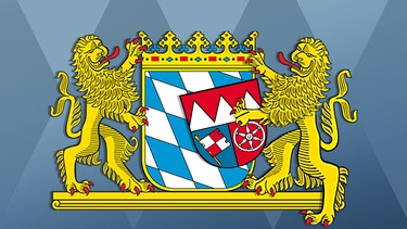 Ein Löwe des bayerischen Staatswappens hält das Wappen von Unterfranken in den Pranken | Bild: Montage:BR; BR