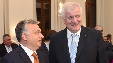 Der ungarische Regierungschef Viktor Orban (l) und der bayerische Ministerpräsident Horst Seehofer (CSU) stehen am 17.10.2016 in München (Bayern) im Landtag bei einem Festakt zum ungarischen Nationalfeiertag zusammen. | Bild: dpa-Bildfunk/Tobias Hase