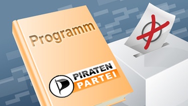 Illustration: Buch mit der Aufschrift "Programm" und dem Logo der "Piraten" neben einer Wahlurne | Bild: Piraten, colourbox.com; Montage: BR