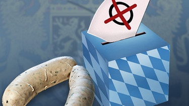 An einer Wahlurne aus bayerischen Rauten liegen zwei Weißwürste | Bild: picture-alliace.de/BR/ Montage.BR