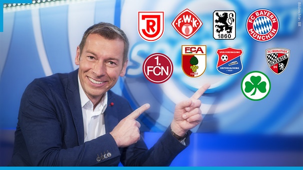 "Blickpunkt Sport"-Moderator Markus Othmer mit den Logos aller bayerischen Profivereine (1. bis 3. Liga) der Saison 2019/20 | Bild: BR