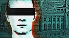 Illustration, die einen Mann mit schwarzem Balken über den Augen vor dem deutschen Bundestag zeigt. Das Bild ist vornehmlich in Grün und Schwarz gehalten. | Bild: Colourbox, FBI; Montage BR Nadja Dall Armi