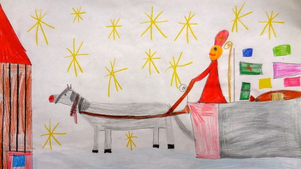 Kinderzeichnung "Wie Sankt Nikolaus einen Gehilfen fand" (Maria, 8 Jahre, Grundschule Wolfersdorf) | Bild: BR