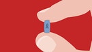 Grafik: Hand hält blaue Pille zwischen Daumen und Zeigefinger, auf der Pille ist das Symbol der Aids-Schleife zu sehen. | Bild: BR