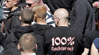 Ein Teilnehmer einer NPD-Demonstration mit der Aufschrift "100 % Rechtsrock" auf dem Pullover steht am Dienstag (01.05.2007) zwischen seinen Gesinnungsgenossen in Erfurt. Foto: Jan Woitas +++(c) dpa - Report+++ | Bild: dpa/picture-alliance