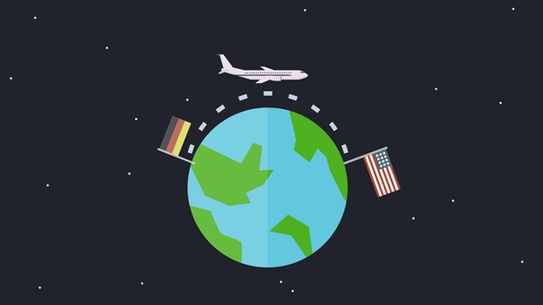 Die Erde aus Weltraumsicht. Ein Flugzeug fliegt von der amerikanischen Flagge zur deutschen Flagge einmal um die halbe Welt. | Bild: BR