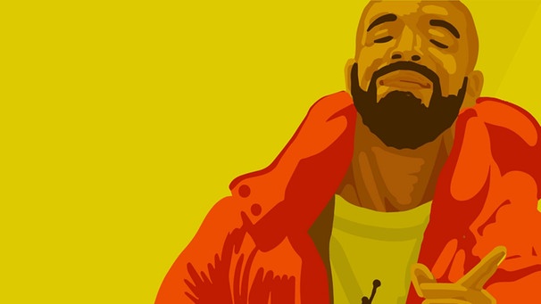 Man sieht den zweiten Teil des bekannten Drake-Meme, bei dem Drake lächelns dasteht auf gelbem Hintergrund und eine orange Jacke trägt. Das Meme ist ein Ausschnitt aus dem Musikvideo zu "Hotline Bling". | Bild: BR