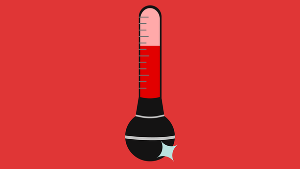 Ein Mikrofon, das zur Hälfte ein gefährlich ins Rote steigendes Thermometer ist.  | Bild: BR