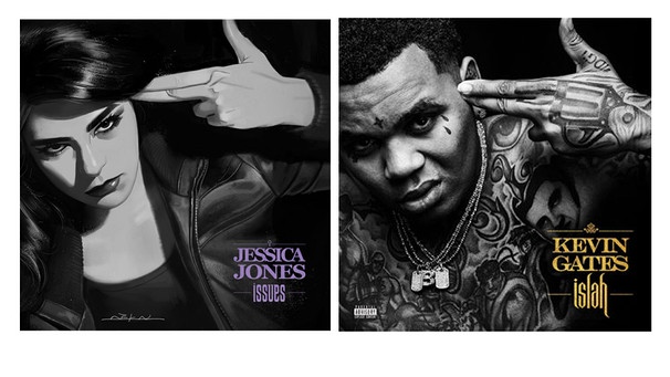 Die Cover mit Jessica Jones und Kevin Gates Cover von "Islah" | Bild: Rechts: Marvel/Jeffe Dekal, Links: Label Gates: Bread Winners Association/Atlantic