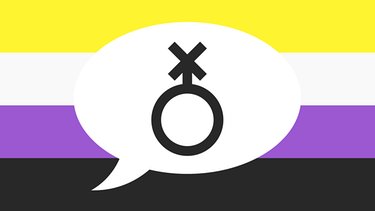 Symbol für Non-Binarys in einer Comic-Sprechblase, dahinter die Farben der Non-Binary Pride Flag | Bild: BR