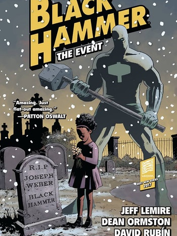Cover Comic "Black Hammer" Band 2 - Jeff Lemire - Mädchen auf dem Friedhof, Superheld Black Hammer hinter ihm stehend | Bild: Dark Horse Verlag