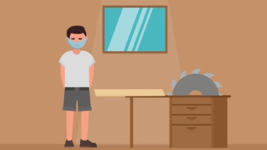 grafische Abbildung eines Masken tragenden Mannes in einer Werkstatt.  | Bild: BR