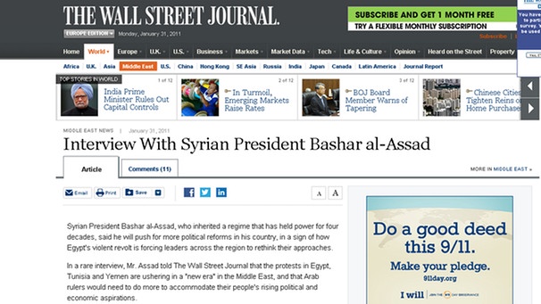 Syrien Zeitstrahl des Bürgerkriegs // Intervew Assad mit Wall Street Journal | Bild: Screenshot The Wall Street Journal