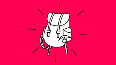 Grafik von einem Rucksack mit Pickel dran auf pinkem Hintergrund | Bild: BR