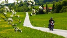 Ein Motorradfahrer im Frühling allein auf kurviger Straße in Bayern unterwegs | Bild: mauritius-images