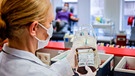 Medizinische Mitarbeiterin mit einer Blutspende, im Hintergrund eine Blutspenderin auf einer Liege | Bild: mauritius images / Rupert Oberhäuser / Alamy / Alamy Stock Photos