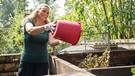 Frau wirft Gartenabfälle auf einen Komposthaufen | Bild: dpa/picture alliance