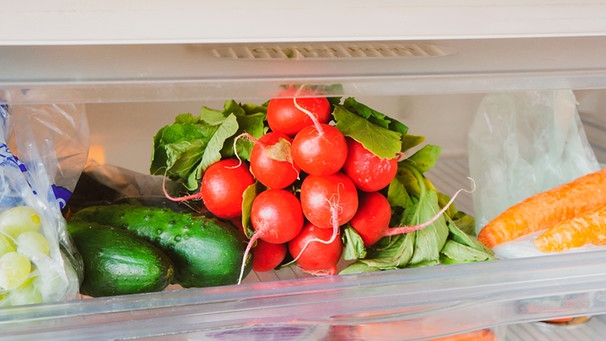 Gurken im Kühlschrank neben Radieschen und Karottten | Bild: mauritius-images