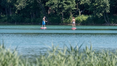 Zwei Stand-Up-Paddler fahren über den Roither See. | Bild: picture-alliance/dpa