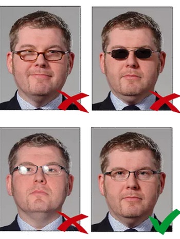 Vier Passbilder mit Brille, drei mit rotem Kreuz, eines mit grünem Haken | Bild: Bundesministerium des Innern und für Heimat