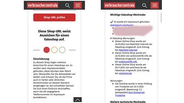 Screenshots vom Fakeshop Finder der Verbraucherzentrale | Bild: verbraucherzentrale.de/Screenshot: BR