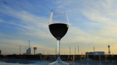 Glas Rotwein auf der Balustrade einer Dachterrasse  | Bild: picture-alliance/dpa