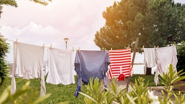 Wäscheleine mit vielen unterschiedlichen Teilen Kleidung | Bild: mauritius images / Cavan Images / Francesco Ridolfi