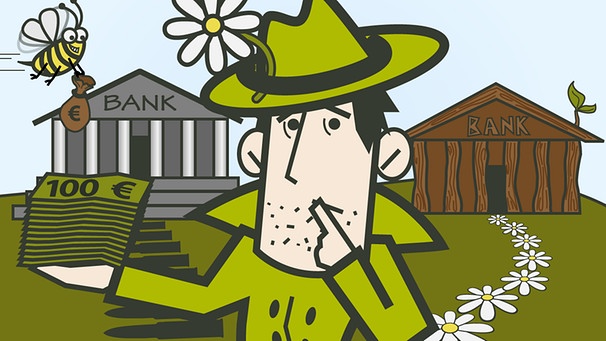 Illustration: Der Umweltkommissar überlegt ob er sein Geld in einer "regulären" oder in einer Ökobank anlegt | Bild: BR/Susanne Baur