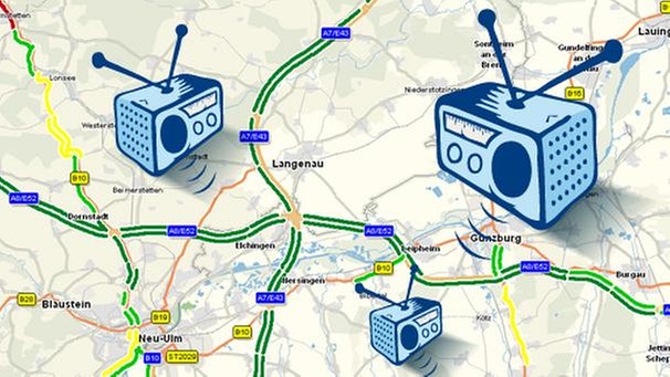 Ausschnitt: Verkehrsflusskarte ADAC/ stilisierte Radios | Bild: ADAC, Montage: BR