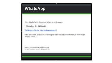 Screenshot einer Phishing-Mail, die behauptet, von WhatsApp zu sein | Bild: BR/privat