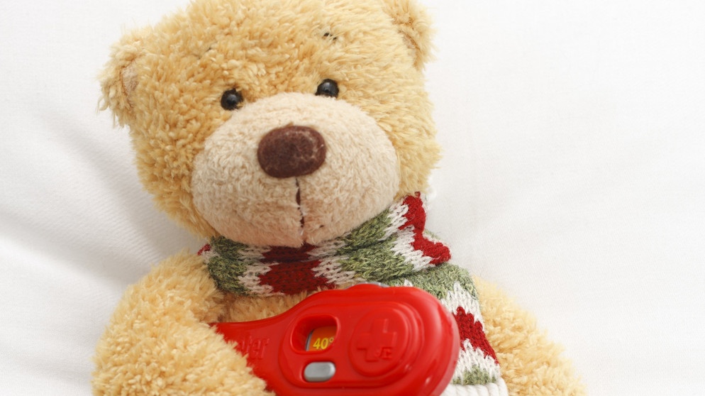 Teddybär mit Schal und Thermometer | Bild: picture alliance / VisualEyze | Nikky