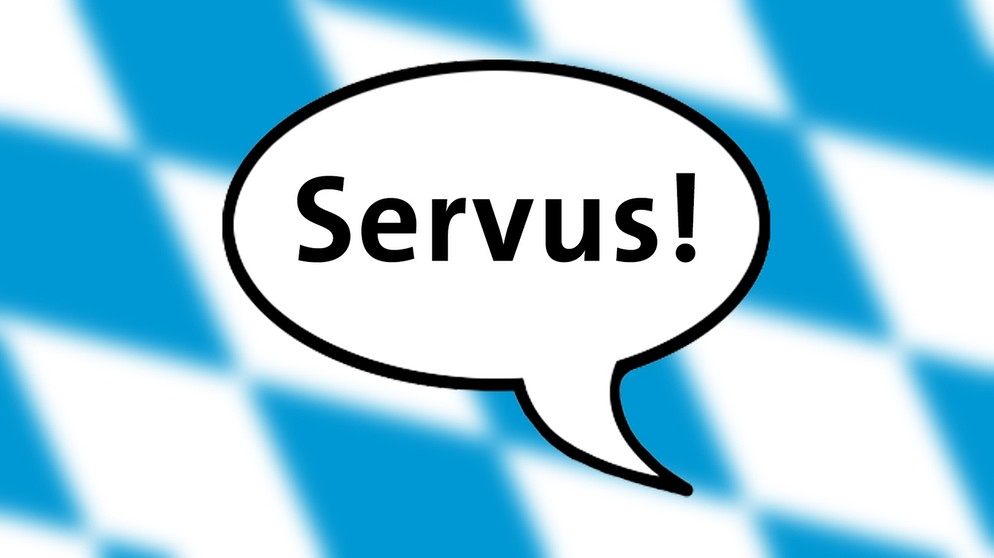 Sprechblase "Servus", im Hintergrund weiß-blaue Rauten | Bild: BR
