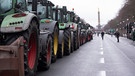 14.01.2024, Berlin: Traktoren sind auf der Straße des 17. Juni unweit des Brandenburger Tores zu sehen.  | Bild: Paul Zinken/dpa +++ dpa-Bildfunk +++