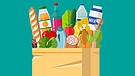 Symbolbild: Gezeichnete Einkaufstüte mit Lebensmitteln wie Brot, Milch und Gemüse | Bild: www.colourbox.de