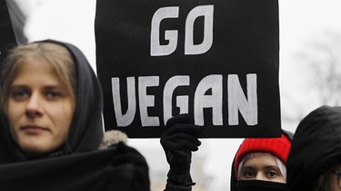 Eine Frau hält ein Schild mit dem Slogan "Go vegan" hoch | Bild: picture-alliance/dpa