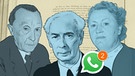 Illustration der Personen Adenauer, Heus und Selbert vor Grundgesetztext mit Whatsapp-Symbol | Bild: WDR / Leowald
