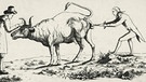 Karikatur: Spottbild auf das Entnehmen der Lymphe aus der Kuh, 18. Jh. | Bild: picture alliance/akg-images