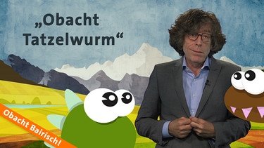 Gerald Huber vor einem designten Hintergrund mit zwei kindlich gezeichneten Comic-Drachen und dem Titel "Obacht Bairisch!" Dazu der Text: "Obacht Tatzelwurm". | Bild: BR