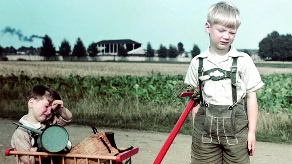 Junge mit Handwagen, in dem sein kleiner Bruder sitzt (1940) | Bild: picture-alliance/dpa/akg-images