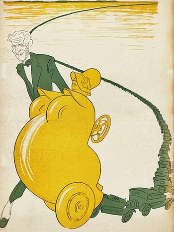 Die Karikatur "Fords Vaterfreuden" über den amerikanischen Industriellen und Automobilhersteller Henry Ford (1863-1947) stammt von Olaf Gulbransson und erschien 1927 im "Simplicissimus". Der Text dazu lautet: "Je kürzer meine Kinder leben, desto besser ernähren sie mich". | Bild: picture-alliance/dpa/bifab