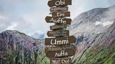 Bild eines Wegweisers in den bayerischen Alpen ""Auffa, obi, eini" - Orientierung auf bairisch" von Thomas Kernert | Bild: BR/Natasha Heuse, Montage: MMD