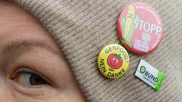 Mit Stickern auf ihrer Mütze demonstriert eine Umweltaktivisten gegen gentechnisch verändertes Saatgut. | Bild: picture-alliance/dpa